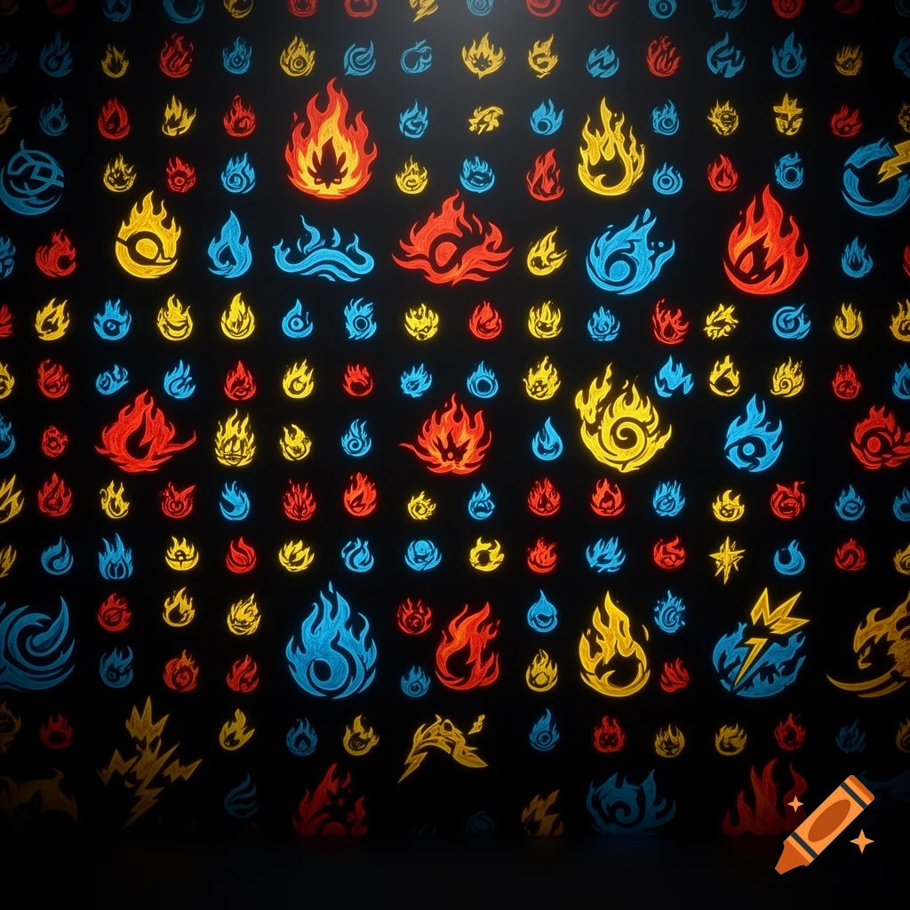 A repeating pattern of various stylized elemental symbols, including fire, water, and electric, on a dark background.