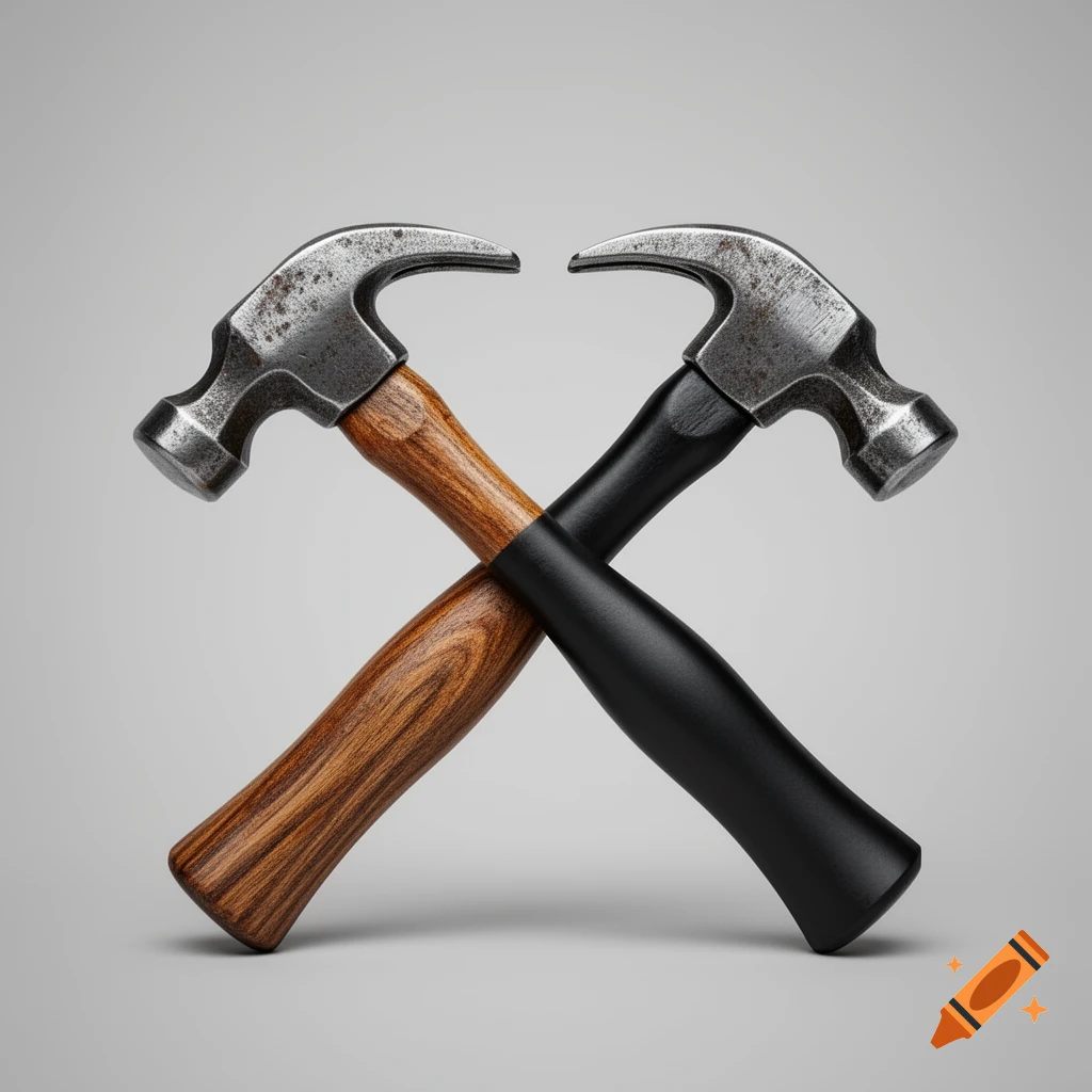 Two claw hammers with a wooden and a black handle crossed to form an infinity symbol, on a gray background.