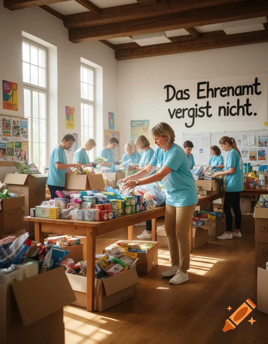 A group of people in blue shirts sort donated goods and food items into boxes on tables in a bright room. A sign on the wall reads "Das Ehrenamt vergist nicht."