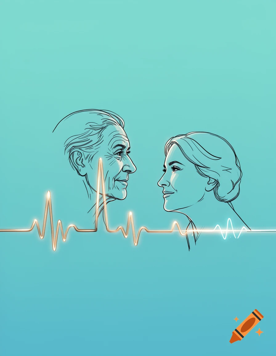 Minimalist line art of an older man and woman's profiles on a blue background, connected by an illuminated ECG heartbeat line.
