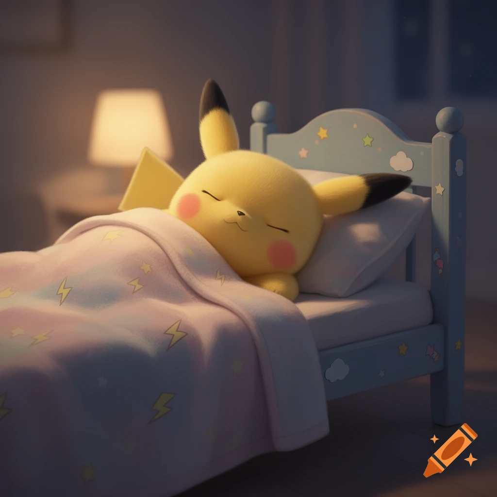 A cute 3D rendered Pikachu plushie sleeps soundly in a cozy bed under a pastel blanket adorned with stars and lightning bolts.