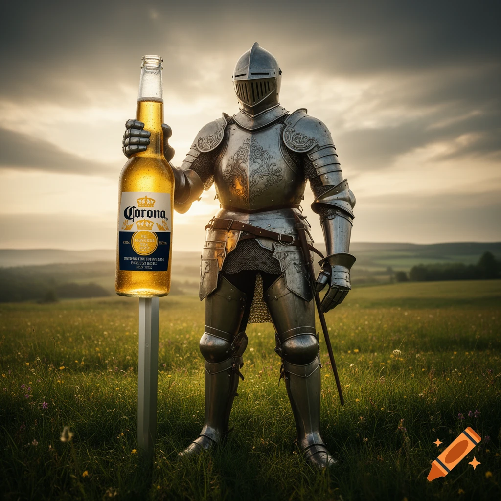A knight in shining armor stands in a field at sunset, holding a giant Corona beer bottle.