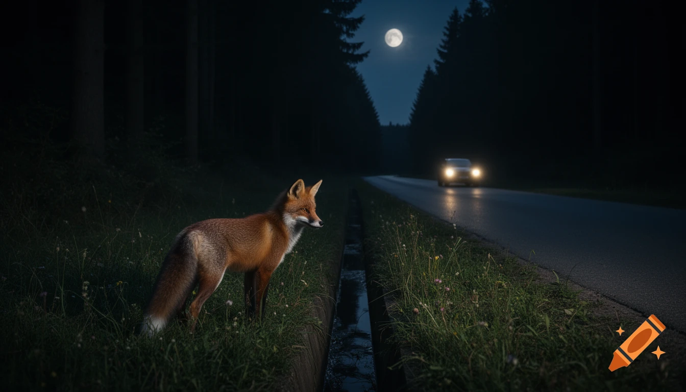A red fox stands on the grassy shoulder of a dark forest road at night, looking towards an approaching car under a full moon.