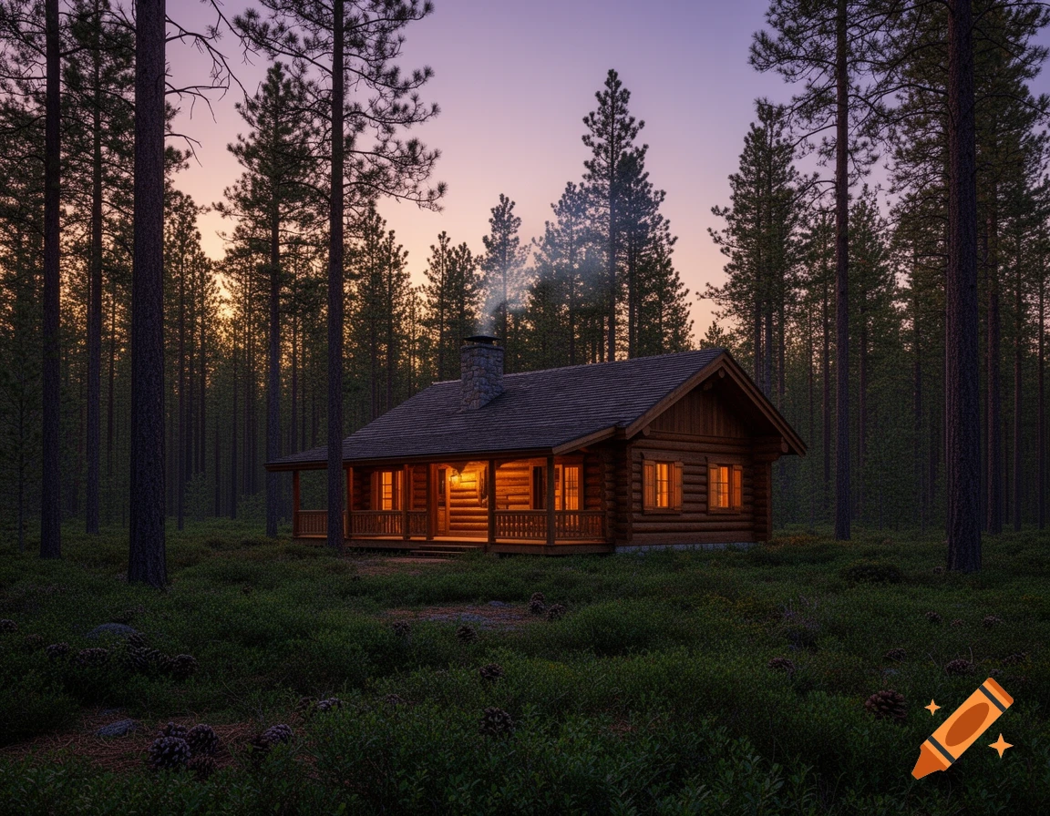 A photorealistic image of a cozy wooden cabin with lit windows and smoke from the chimney, nestled in a dense pine forest at dusk.