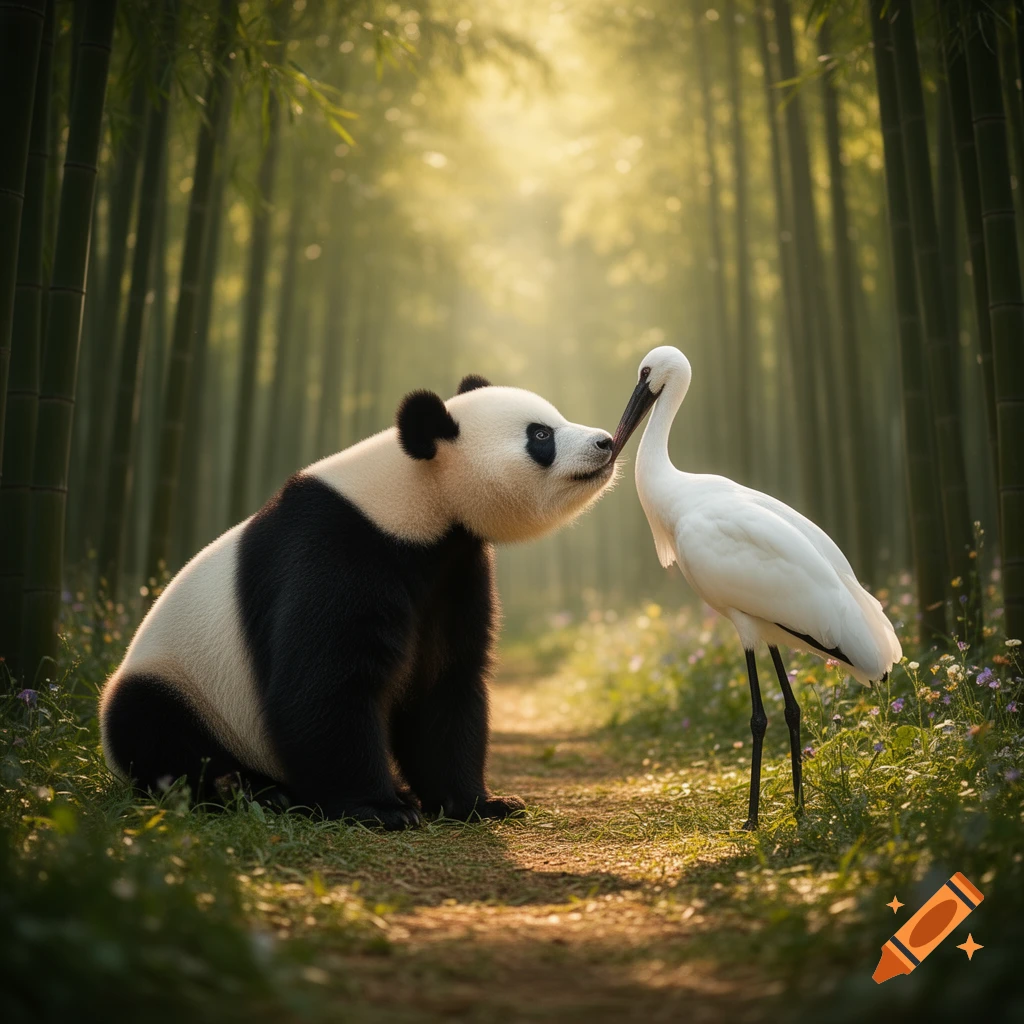 A photorealistic panda and a white wading bird touch noses in a sunlit bamboo forest.