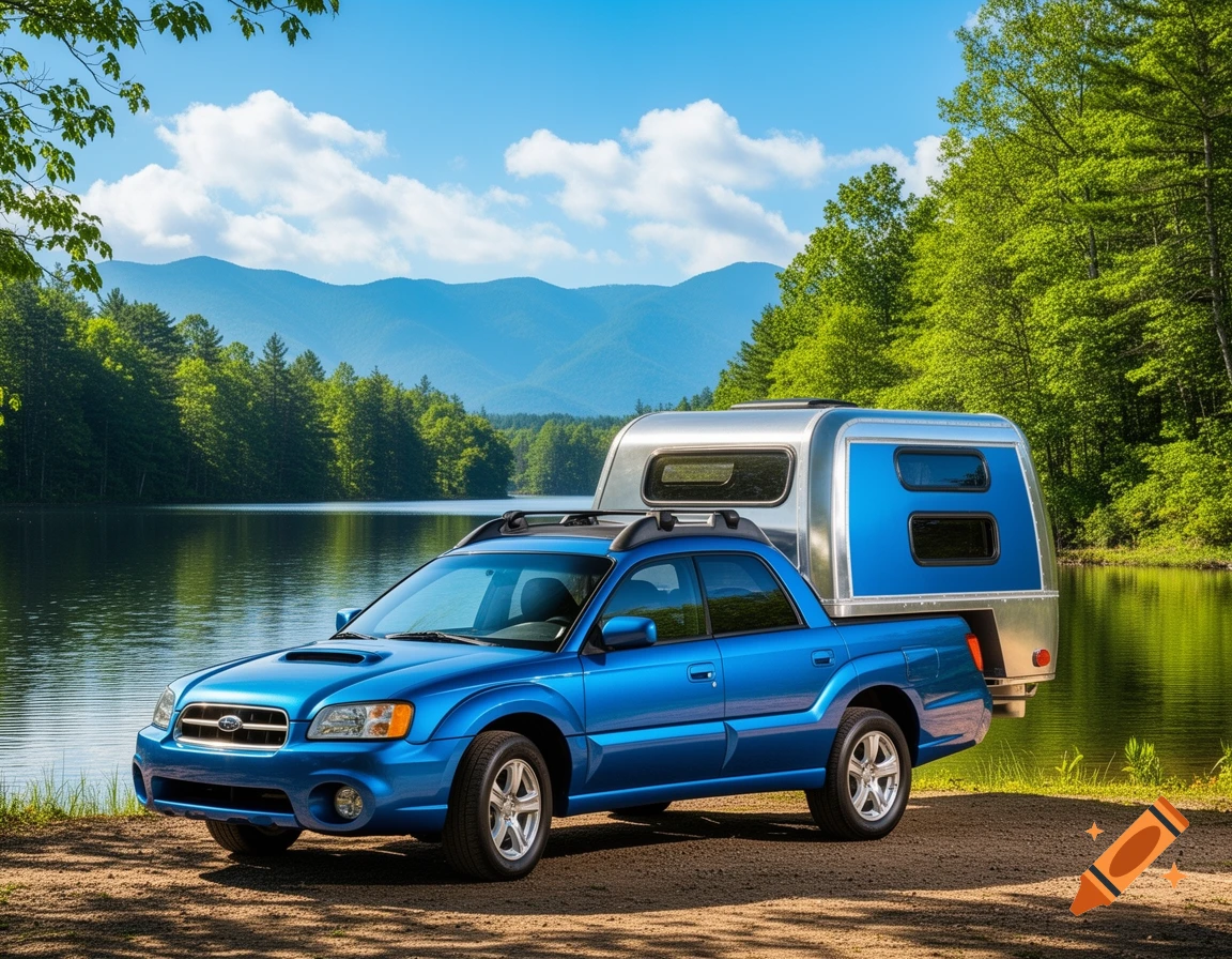 A blue Subaru Baja pickup truck with a camper shell parked on a dirt path next to a calm lake, surrounded by green forests and mountains.