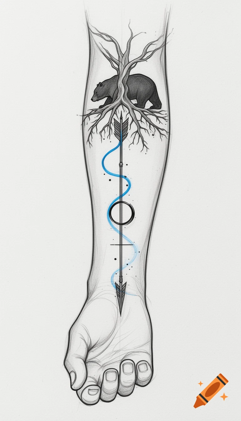 Minimalist pencil sketch tattoo design on an arm, featuring a bear in tree roots, an arrow with a blue wavy line, and geometric symbols.