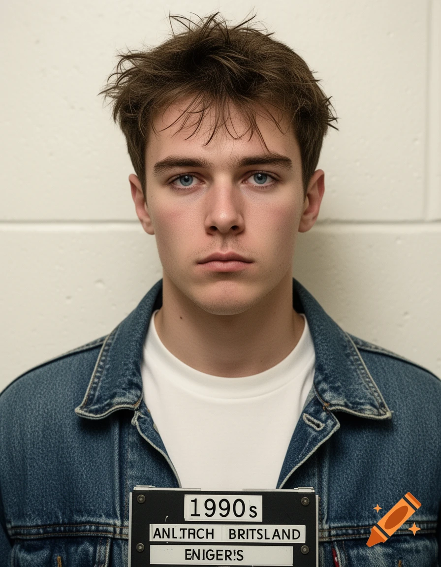Photorealistic mugshot of a serious young man with messy brown hair and blue eyes, wearing a denim jacket, holding a sign displaying "1990s" and some garbled text.