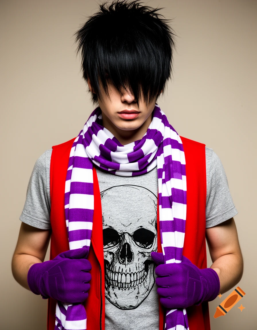 A person with black bangs covering their eyes, wearing a purple and white striped scarf, red vest, grey skull t-shirt, and purple gloves, posing.