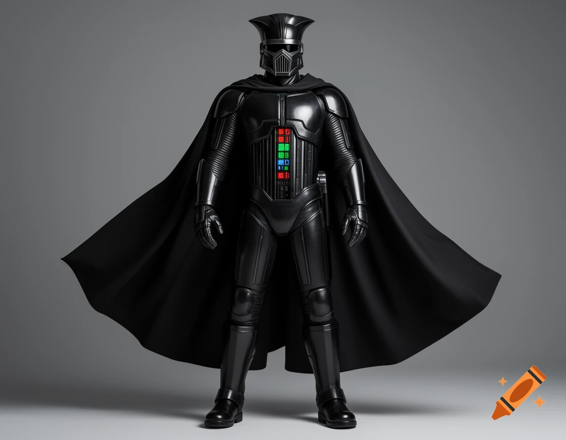 A towering sci-fi figure in sleek black armor and a flowing cape, with a flared helmet and a chest panel displaying blinking colored lights.