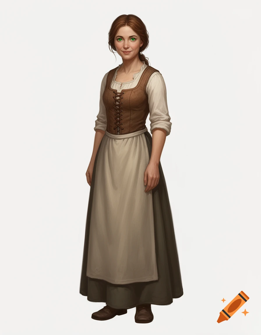 A digital art full-body portrait of a peasant woman with brown hair, green eyes, wearing a brown laced bodice and apron.