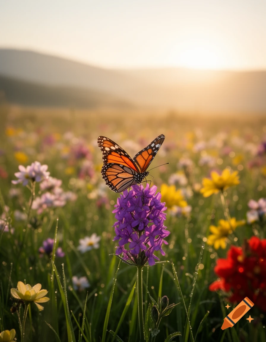 A vibrant orange and black butterfly rests on a purple wildflower in a dew-kissed meadow at sunrise, with mountains in the soft background.
