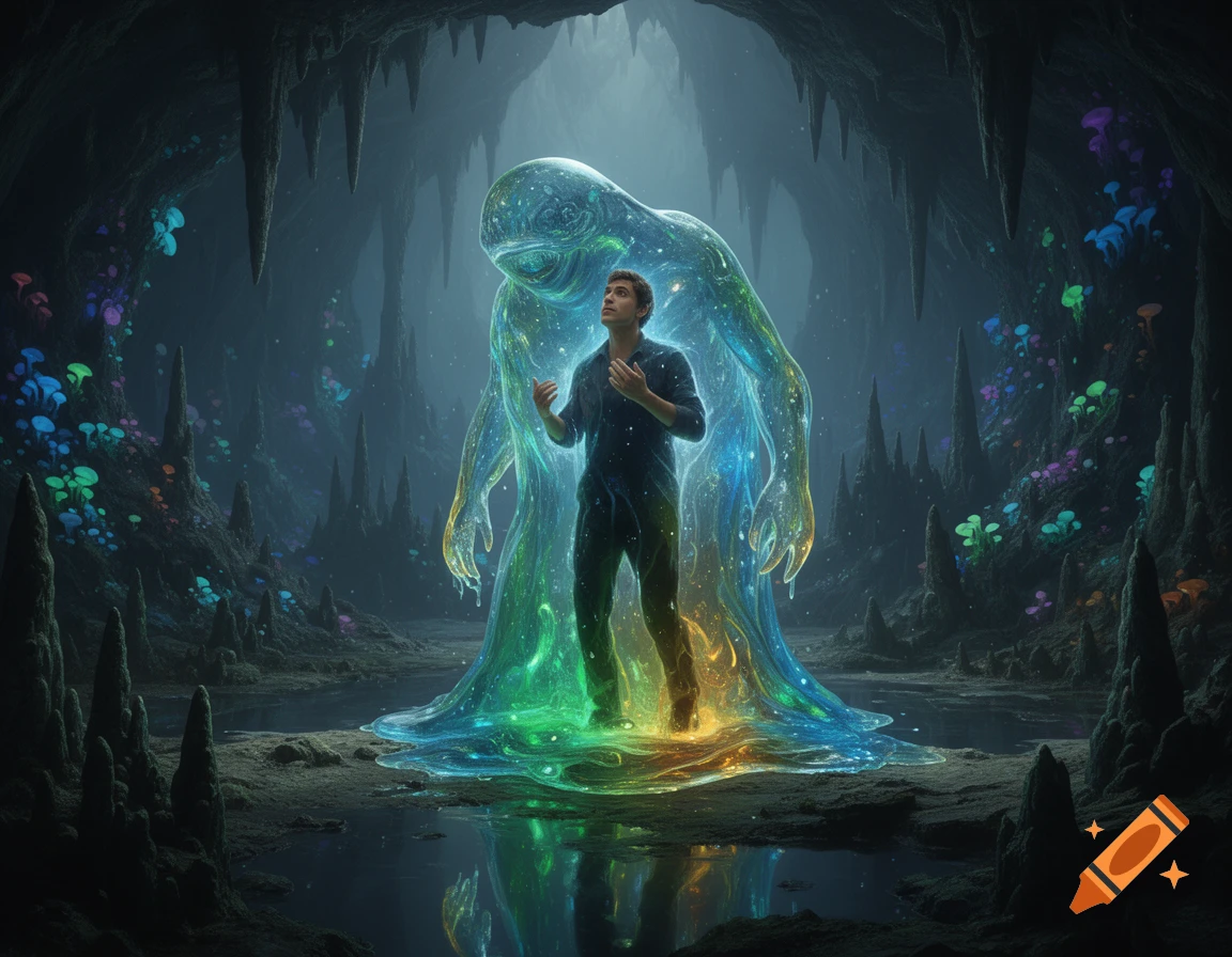 A man inside a glowing, cosmic-colored fluid entity in a dark, mystical cave filled with bioluminescent mushrooms.