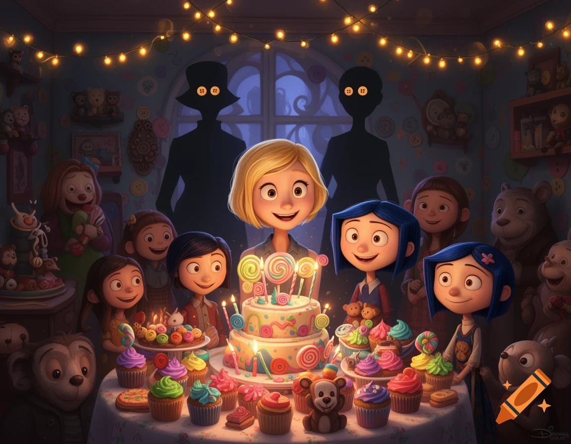 A Coraline-themed birthday party with a blonde teenager, Coraline characters, and other children gathered around a cake and cupcakes, under string lights.