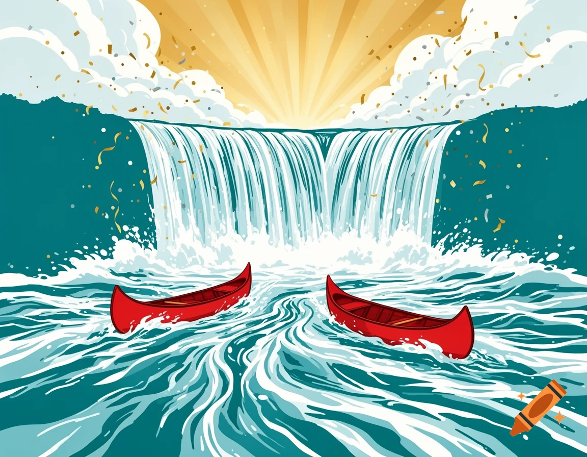 Two red canoes in a wild river below a waterfall, with confetti falling from a bright, golden sky, in a festive illustration style.