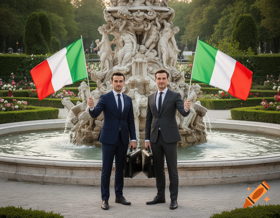 Two men in suits hold Italian flags and briefcases in front of a large stone fountain in a lush park setting.