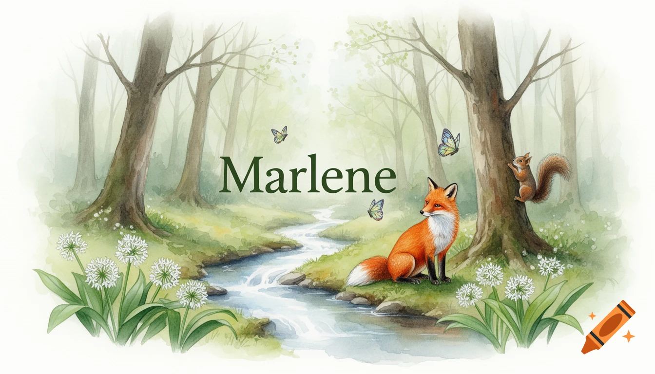 Watercolor forest scene with a fox, squirrel, butterflies, a stream, and wild garlic flowers, with the name 'Marlene' in the center.