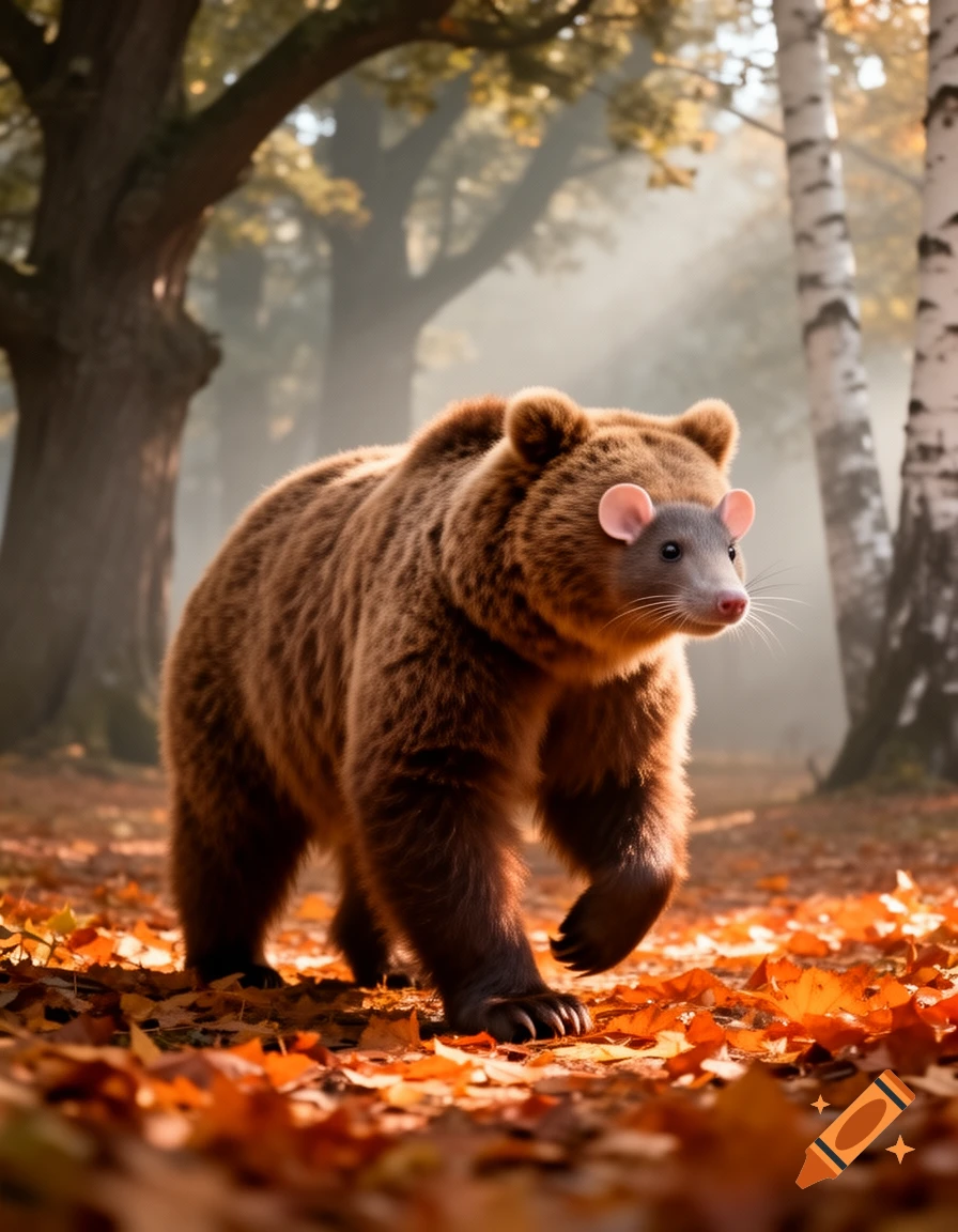 Photorealistic image of a brown bear with a mouse's head walking through a sunlit autumn forest filled with orange leaves.