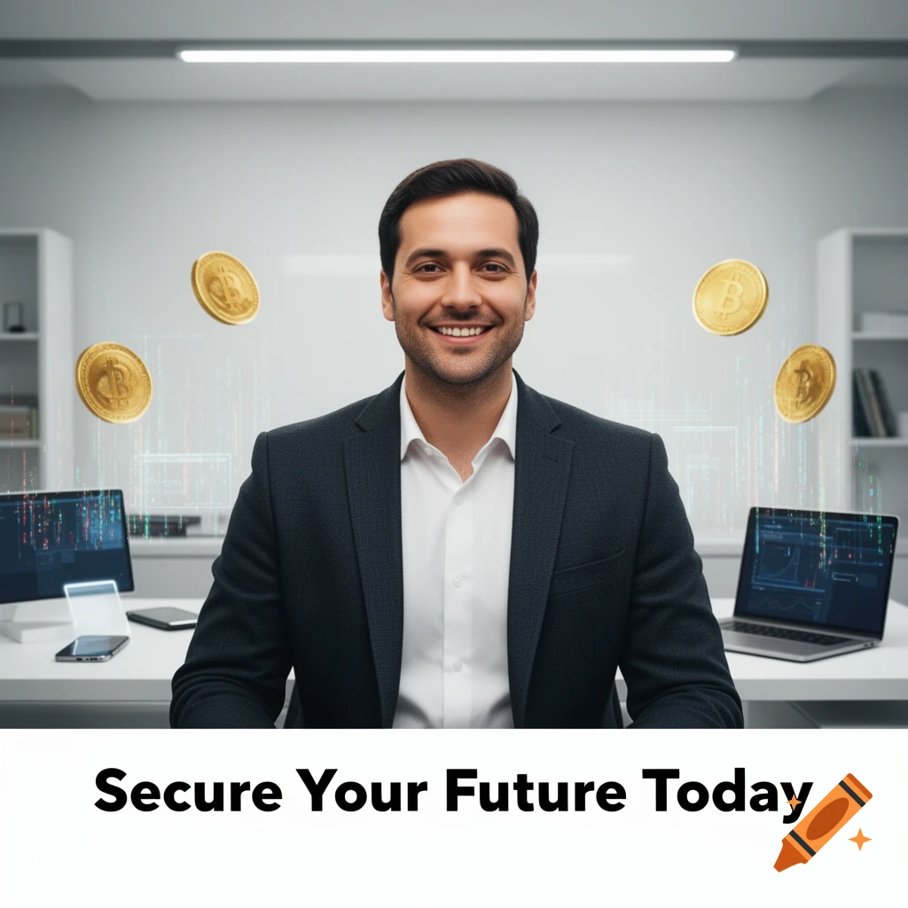 A smiling man in a suit sits at a desk with laptops and smartphones, surrounded by floating Bitcoin coins. Below the image is the text "Secure Your Future Today".