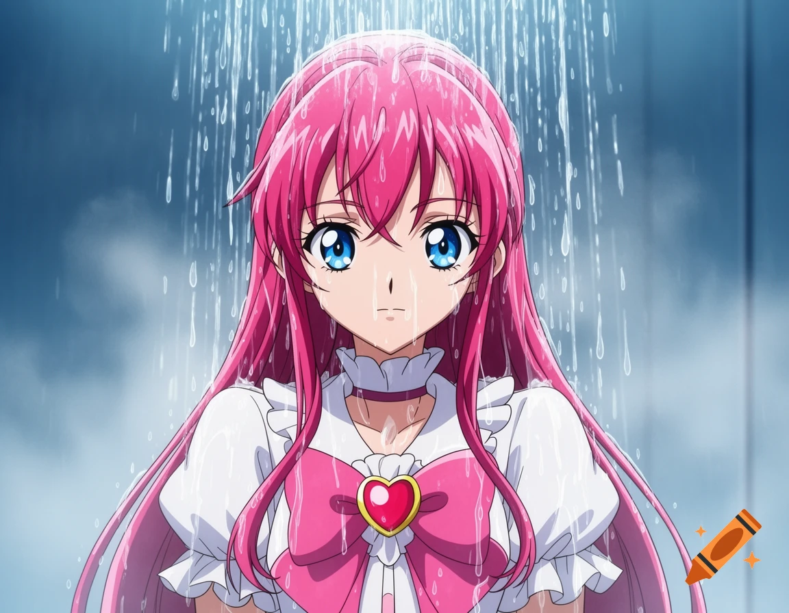 An anime girl with pink hair and blue eyes stands under falling water, wearing a white ruffled top and a pink bow.