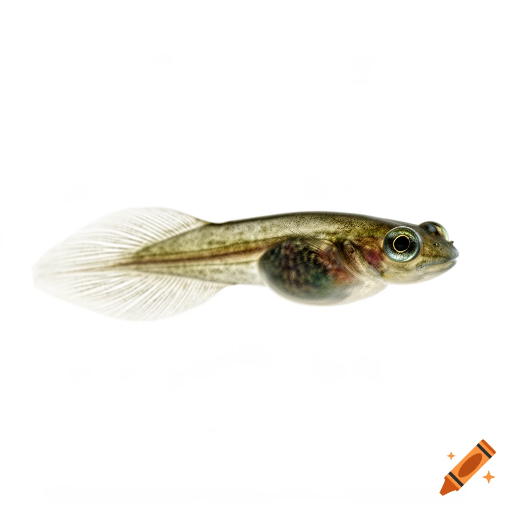 A close-up, side-profile view of a translucent tadpole with large eyes, against a white background.