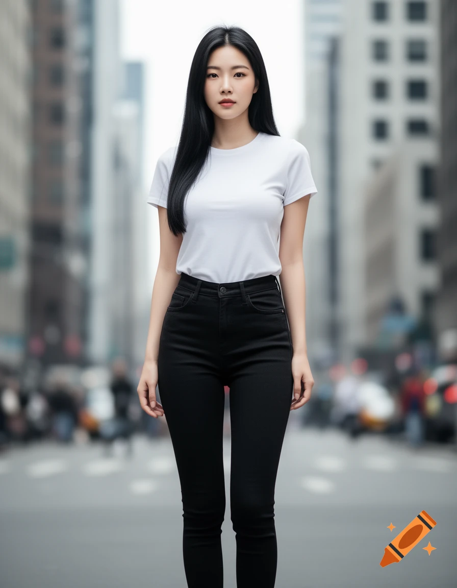 A young Korean woman with long black hair, wearing a white t-shirt and black skinny jeans, stands on a blurred city street.