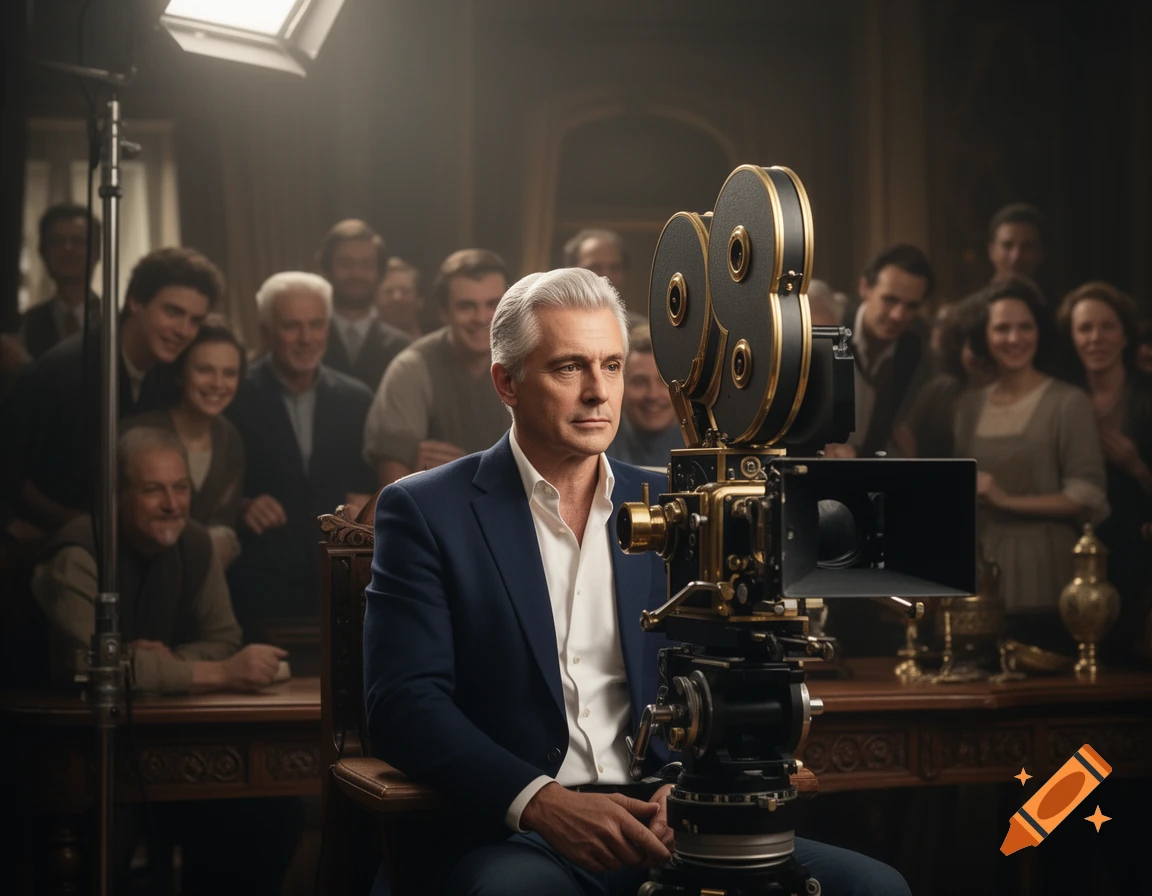 A serious man with gray hair in a suit sits next to a large vintage film camera on a set with a blurry crowd in the background.