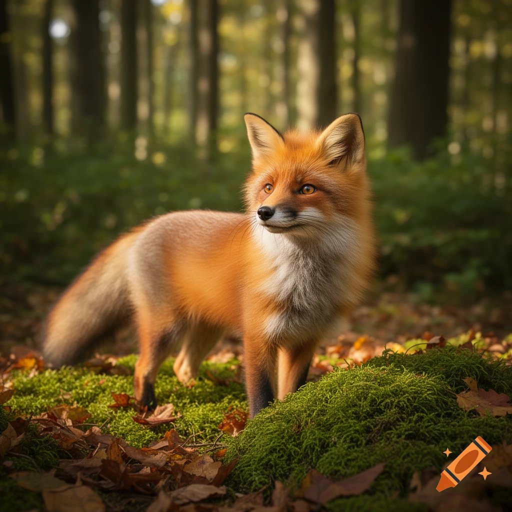 A red fox with a white chest and black paws stands on moss and fallen leaves in a sunlit forest.