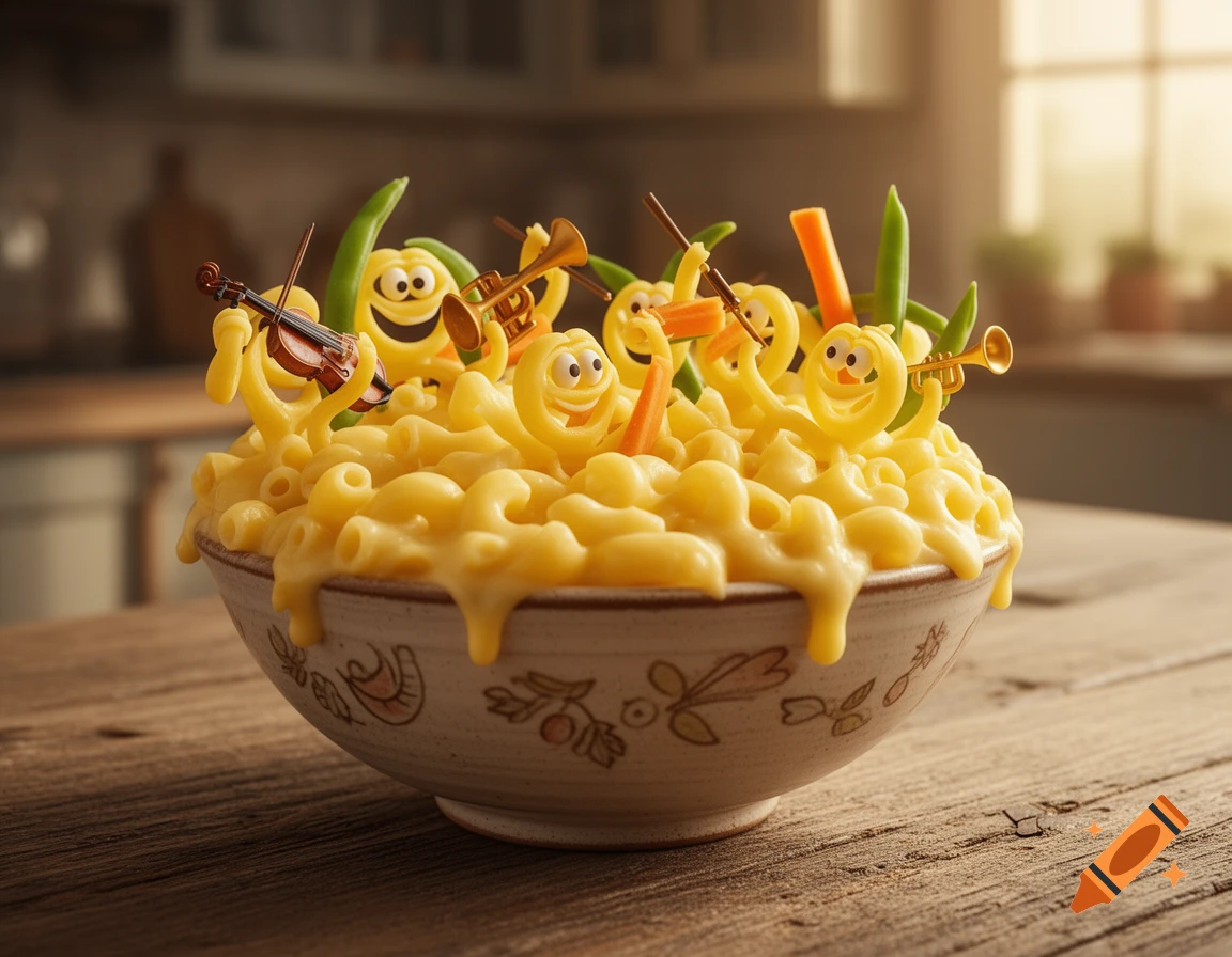 A photorealistic bowl of macaroni and cheese with smiling noodles playing tiny musical instruments on a wooden table.