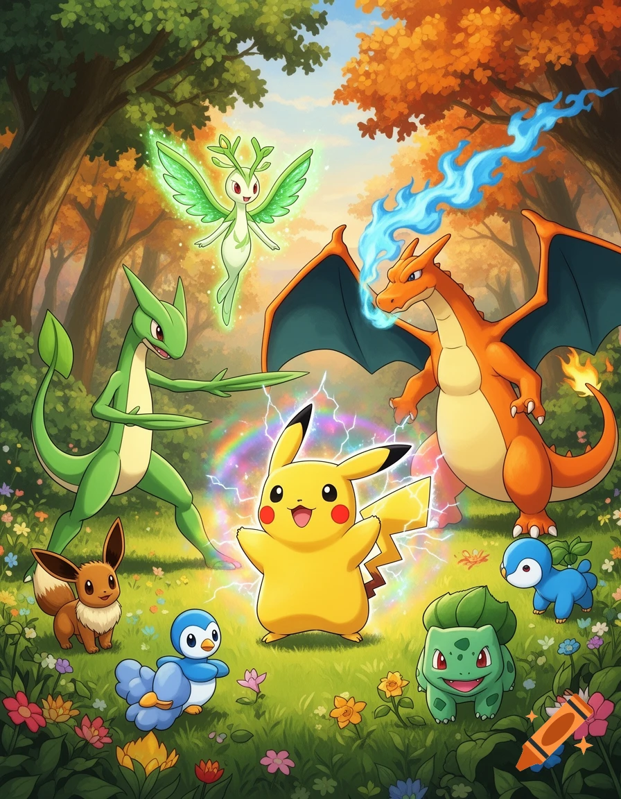 Pikachu, Charizard, Sceptile, Shaymin, Eevee, Piplup, and Bulbasaur gathered in a vibrant, lush forest in an illustrative style.