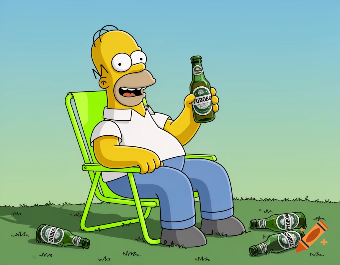Homer Simpson sits in a green folding chair, holding a Tuborg beer bottle, with other empty bottles on the grass around him, under a blue sky.