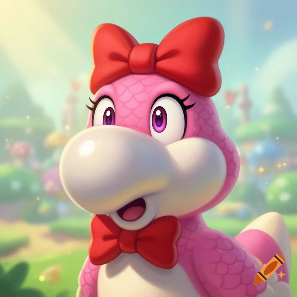 A close-up, stylized illustration of a pink Birdo character with a red bow on its head and chest, looking surprised in a vibrant, blurred outdoor setting.