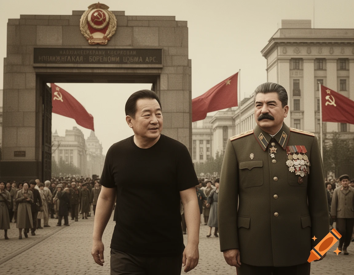 A man in a black t-shirt walks next to Joseph Stalin in military uniform, both in front of a large archway with a crest, red flags, and a crowd in a sepia-toned, photorealistic style.