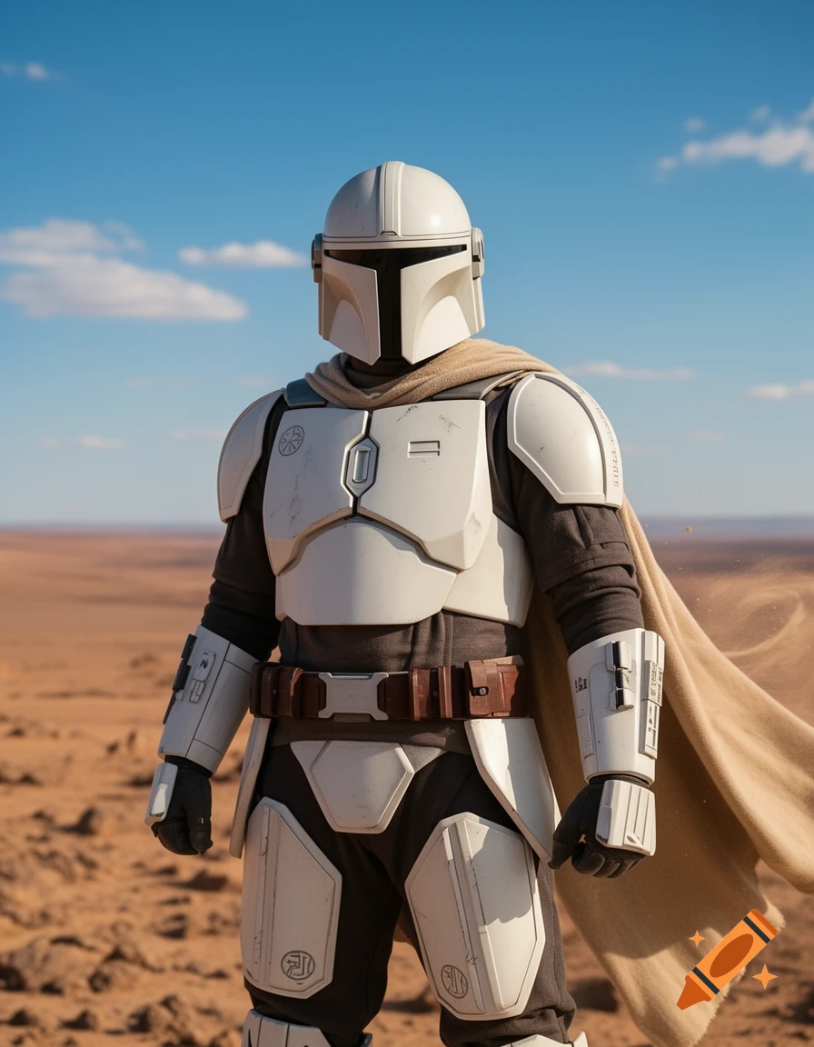 A white armored Mandalorian stands in a desert under a blue sky, with a tan cape flowing in the wind.