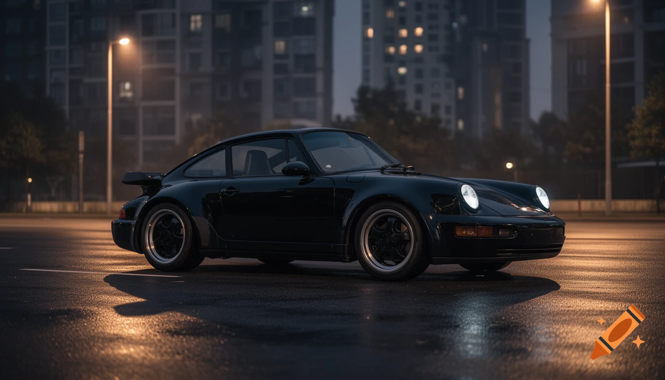Photorealistic black Porsche 964 Turbo S on a wet city street at night, illuminated by streetlights and its own headlights.