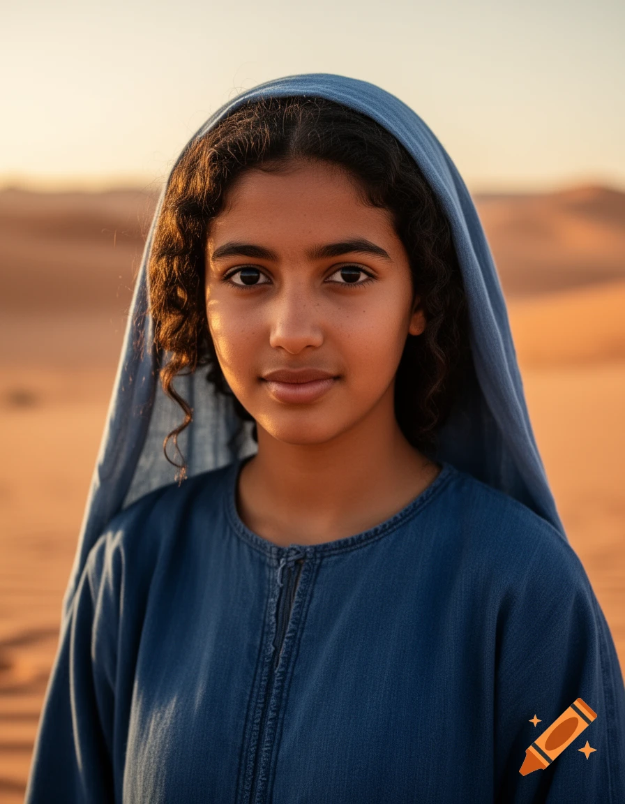 A young woman with dark curly hair and a blue headscarf and dress looks forward in a desert at sunset. Photorealistic style.
