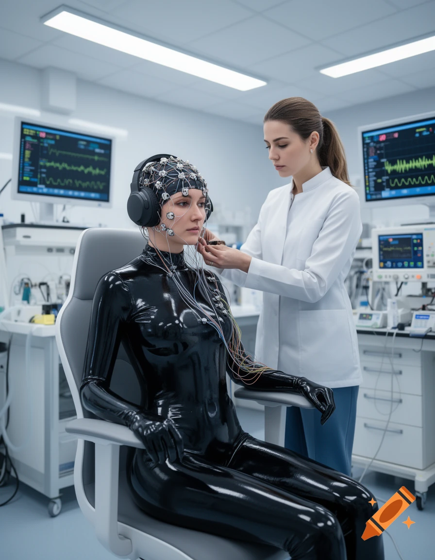 A female subject in a black latex suit and EEG cap with headphones is wired with electrodes by a female study coordinator in a sterile lab.