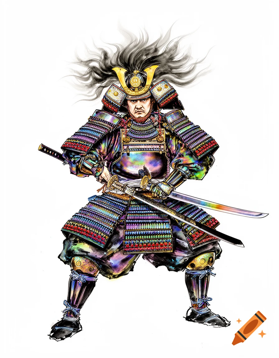 A colorful sumi-e style illustration of a samurai warrior in full armor holding two katanas on a white background.