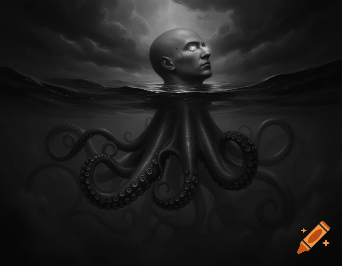 A surreal, black and white image of a bald human head with glowing eyes atop an octopus body, emerging from dark water under a stormy sky.
