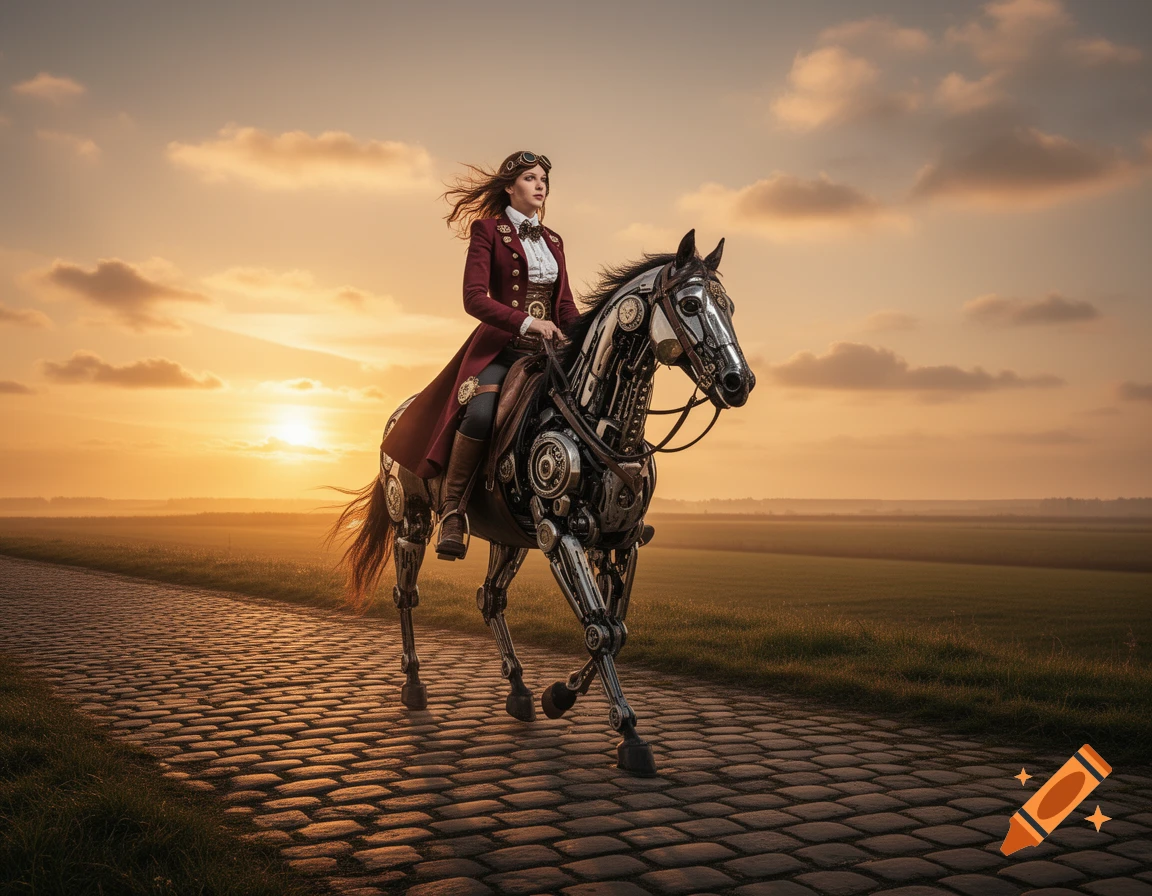 A woman in a steampunk coat rides a mechanical horse on a cobblestone path at sunset, with fields in the background.