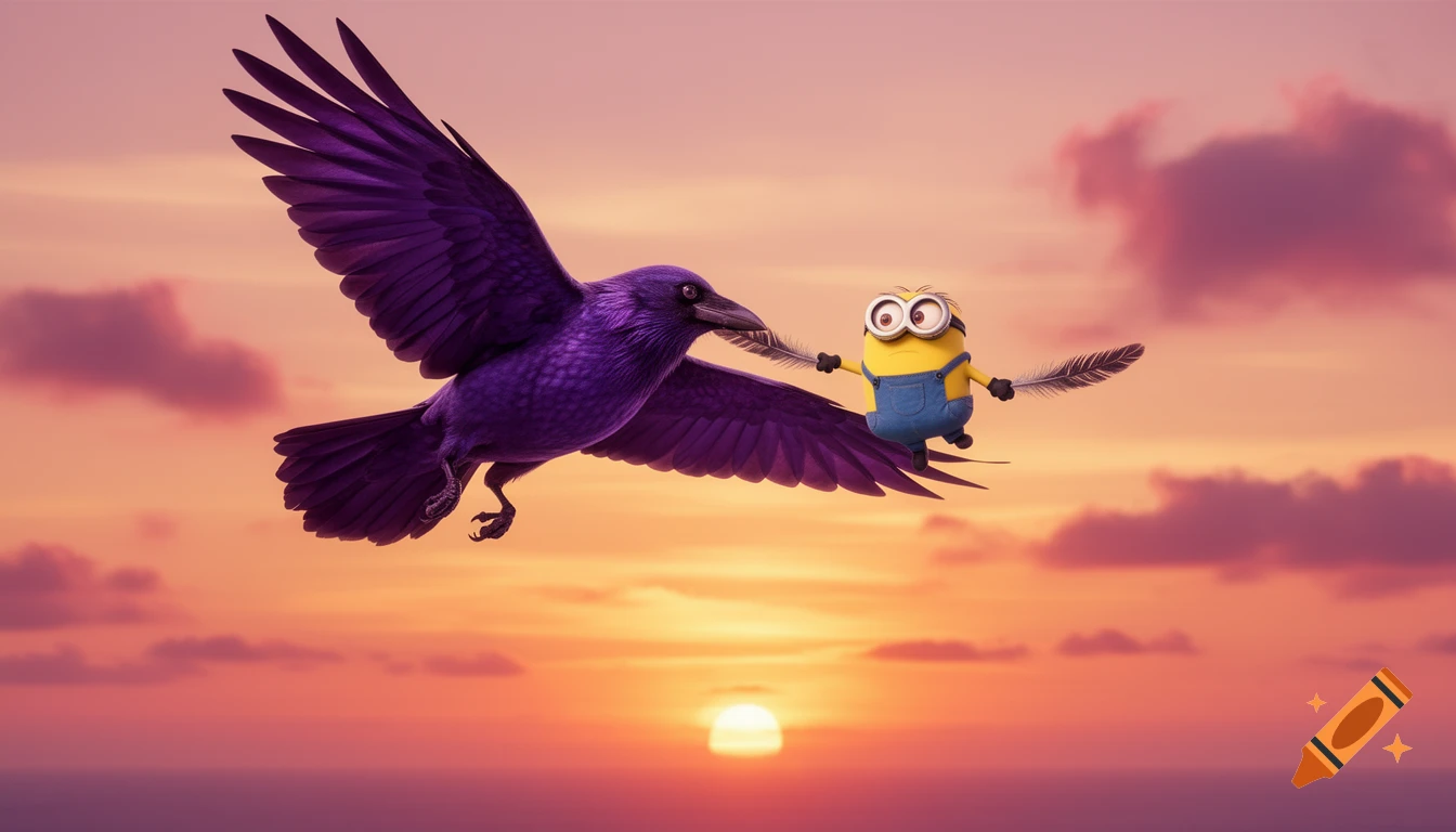 A vibrant purple crow carries Bob the Minion holding feathers while flying over water into a beautiful orange and pink sunset.