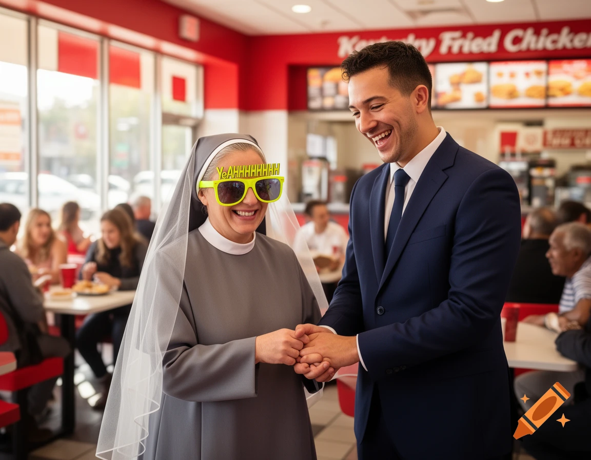 A smiling nun in "YEAHHHHHHH" sunglasses holds hands with a man in a suit in a Kentucky Fried Chicken restaurant.