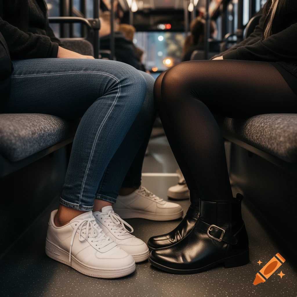 A close-up of two pairs of legs, one in blue jeans and white sneakers, the other in black tights and black boots, seated on a bus.