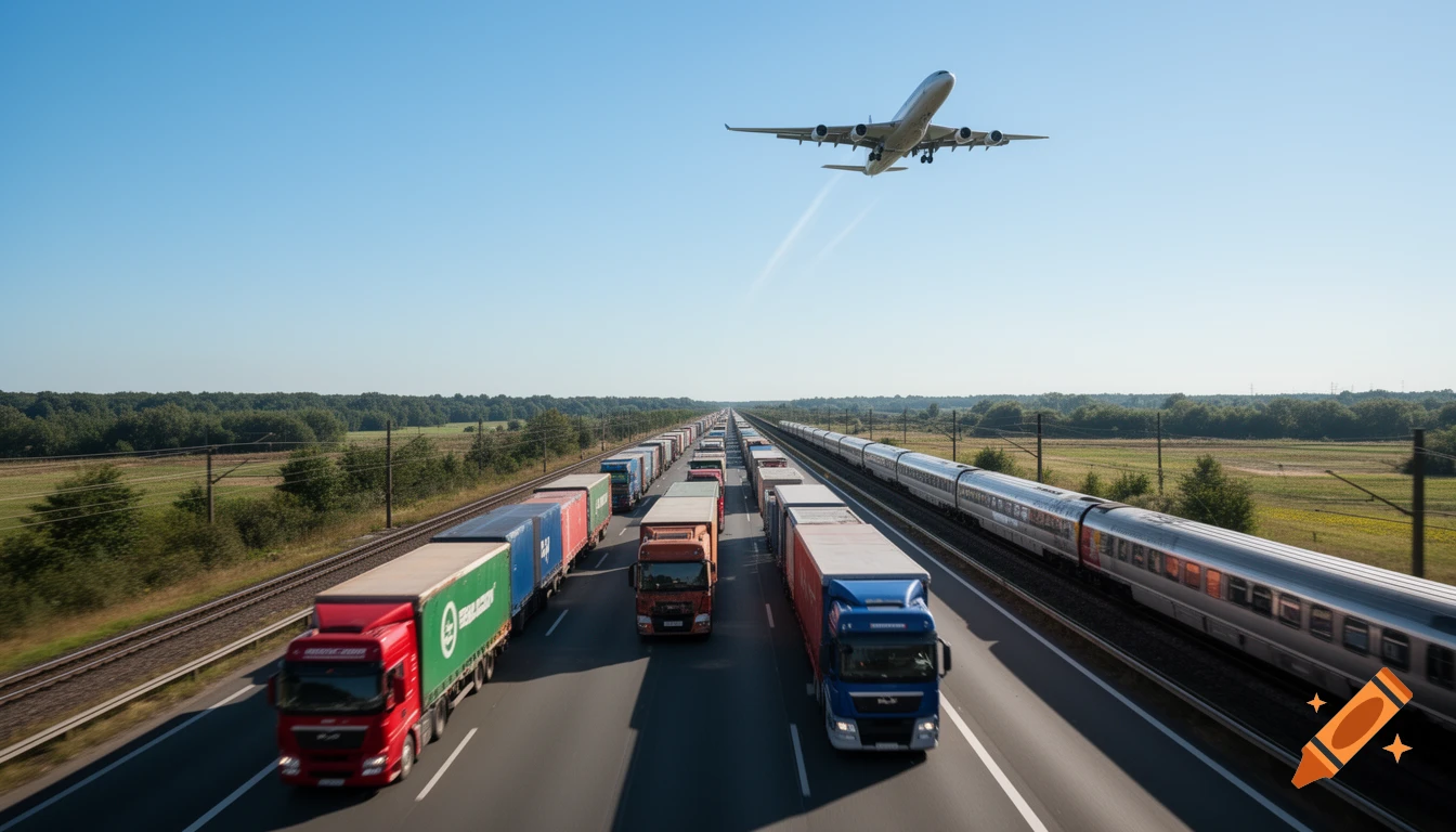 Photorealistic view of trucks on a highway, a train on parallel tracks, and an airplane flying overhead in a clear sky.