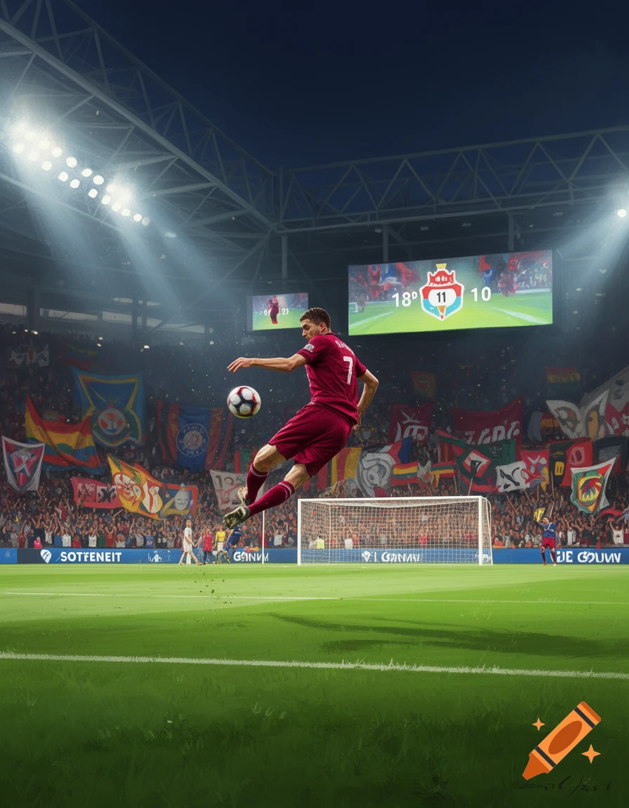 A soccer player in a red uniform leaps to kick a football in a brightly lit stadium full of spectators during a night match, with a scoreboard in the background.