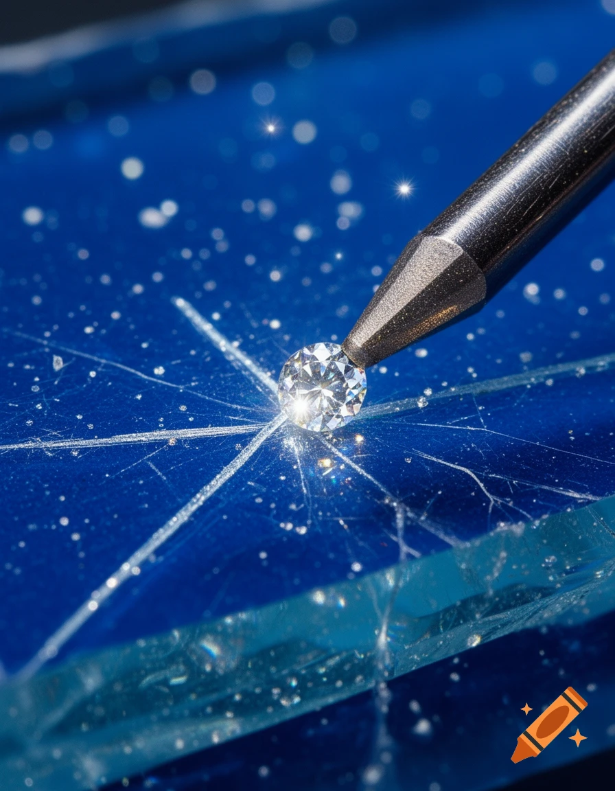 Macro photo of a diamond-tip tool scratching a brilliant diamond across blue glass, creating luminous sparks and fine cracks.