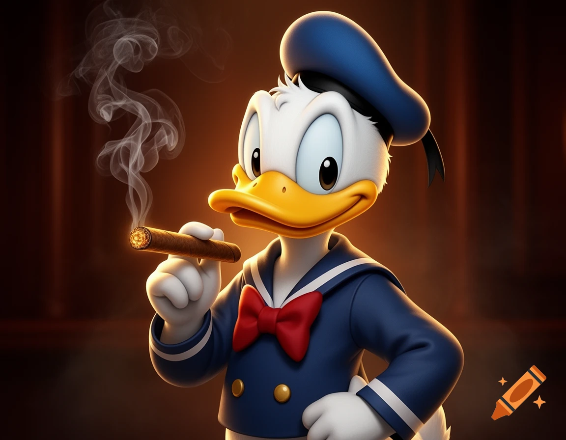 Donald Duck in a sailor suit holding a lit cigar with smoke against a warm background.