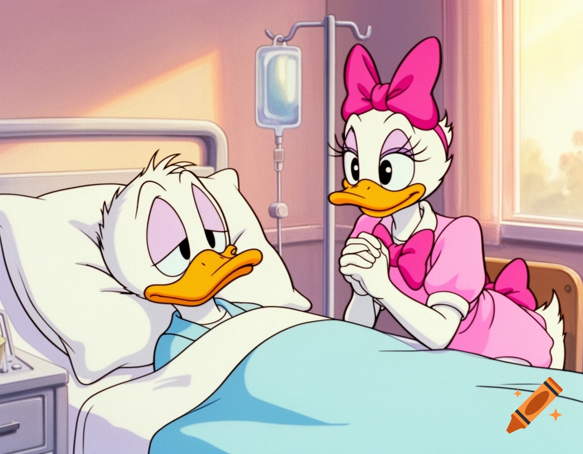 Donald Duck in a hospital bed looking sad while Daisy Duck sits beside him, 80s anime style.