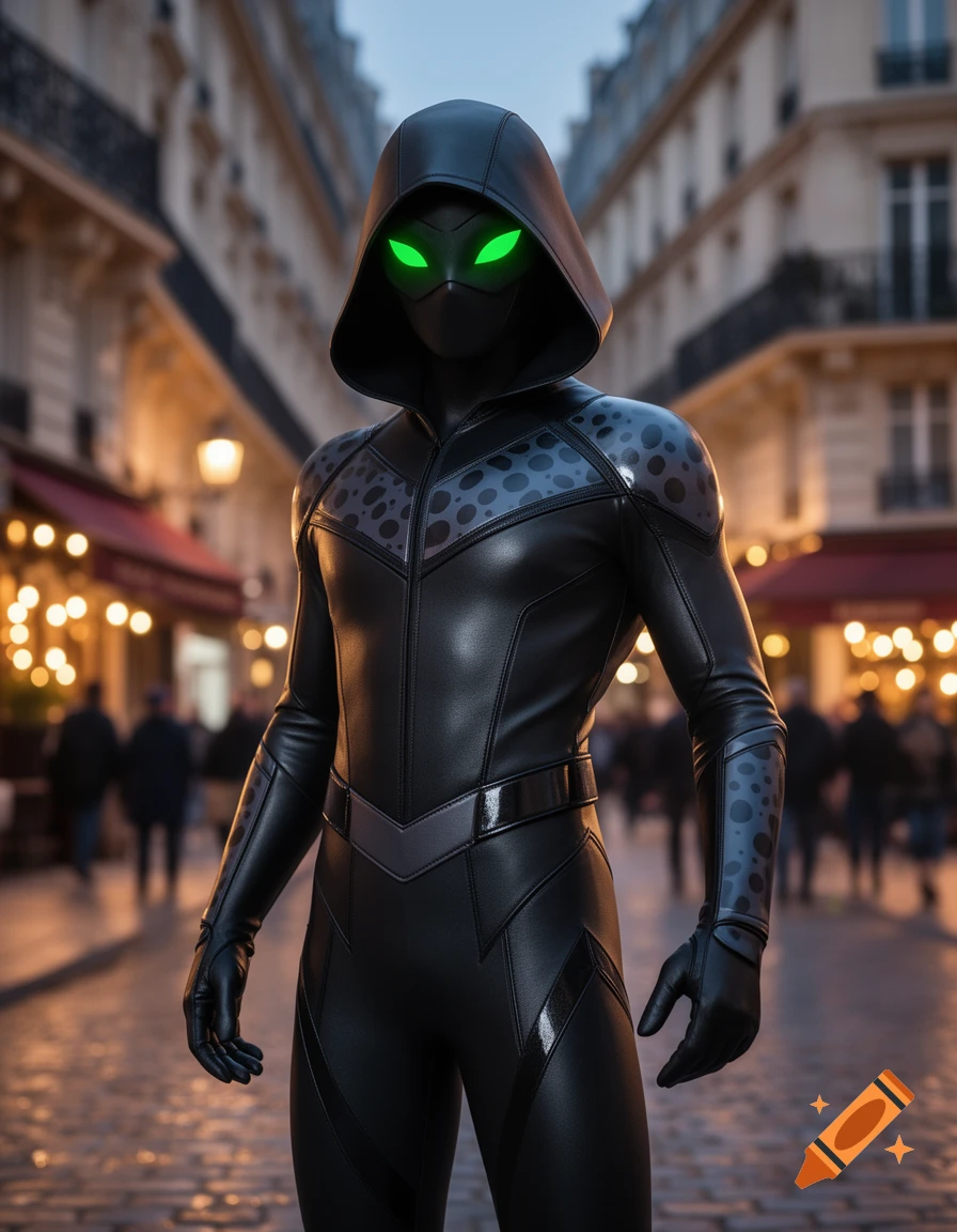 A masked superhero in a black hooded suit with glowing green eyes stands on a lamp-lit cobblestone street in a city at night.