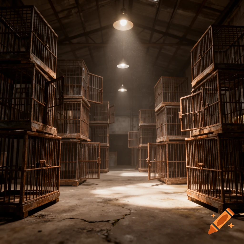 Rows of rusty metal cages stacked inside a dark, dusty abandoned warehouse, lit by overhead lamps.